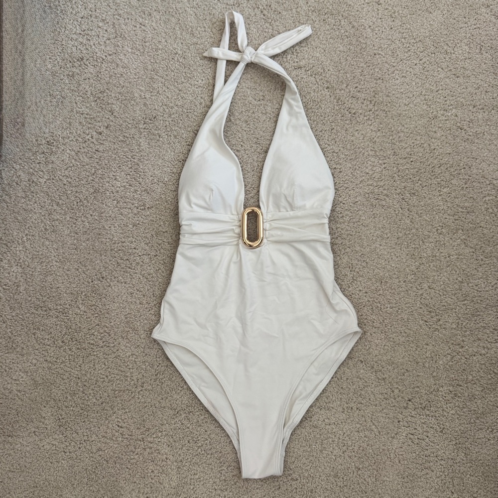 White Halter One-Piece Swimsuit with Gold Accent - Bachelorette Bathing Suit